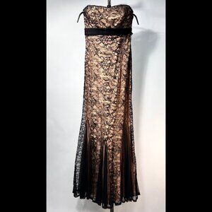 BADGLEY MISCHKA 100% Silk Strapless Nude Pink Underlay/Black Lace Gown 8